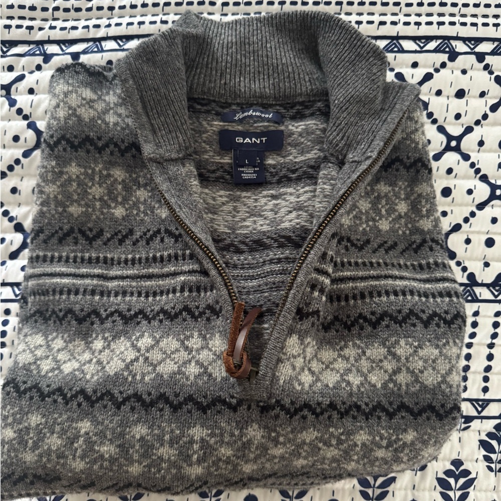 Gant Men's Gray, Large, Fair Isle Half-Zip Sweater with Leather Pull